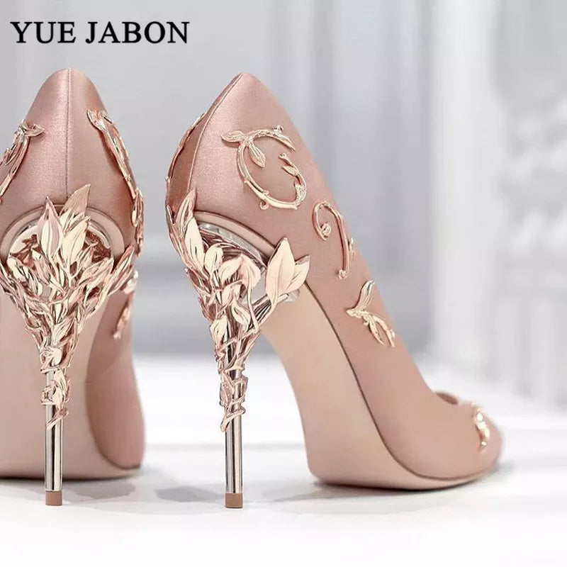 Elegant Silk Rhinestone Leaves Heel High Heels