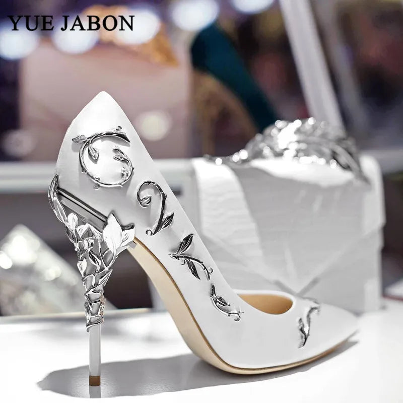 Elegant Silk Rhinestone Leaves Heel High Heels